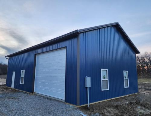 30'x50' Pole Building with Dark Frost gray accents for trims and blue siding!